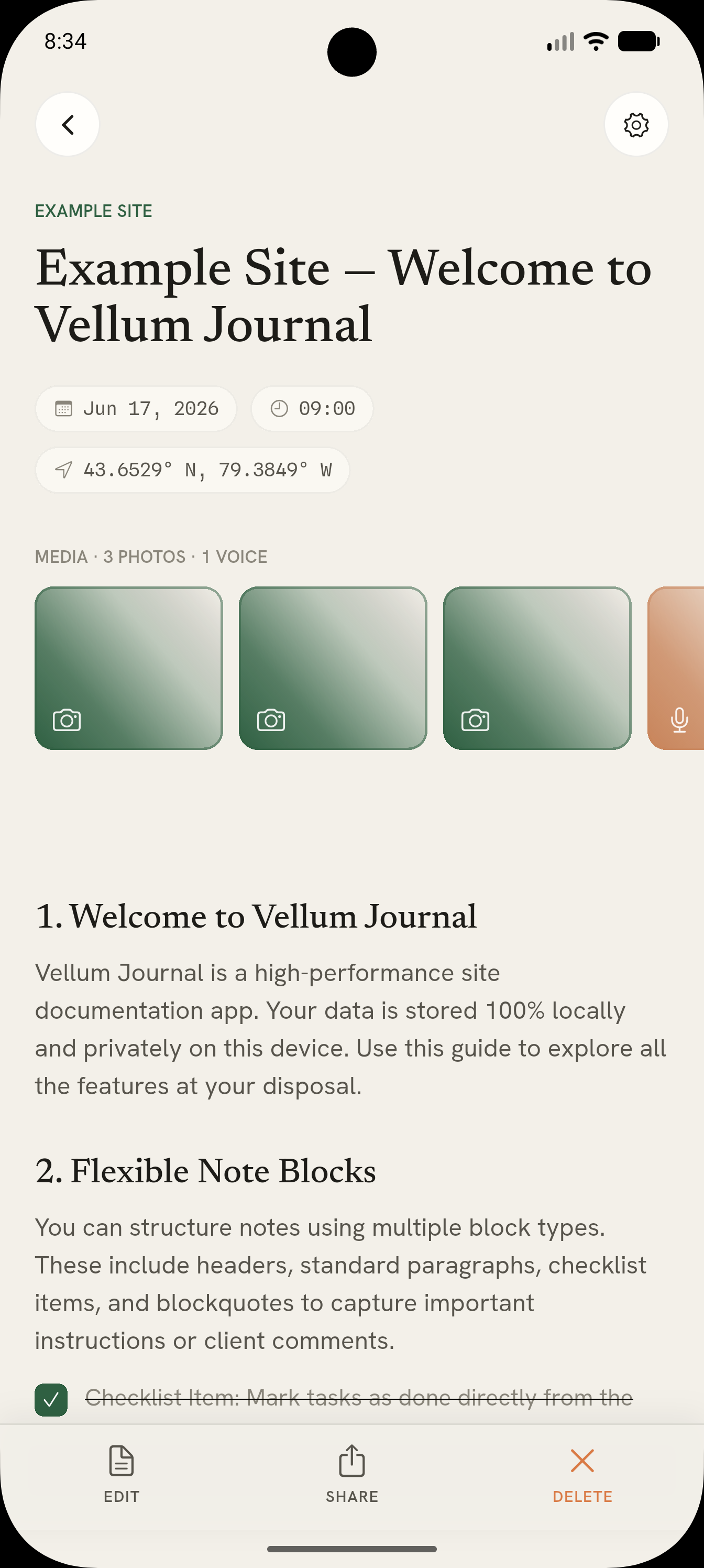 A field note with photos, voice memo, GPS and timestamp